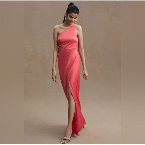 Anthropologie NWT BHLDN Coral Dylan One Shoulder Satin Side Slit Gown Size 6 - Picture 1 of 9